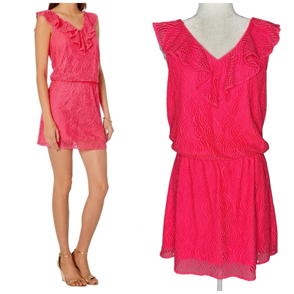 Lilly Pulitzer XL Alessa Romper Dress Crab Claw Coral Flowing Leaf Lace Pink